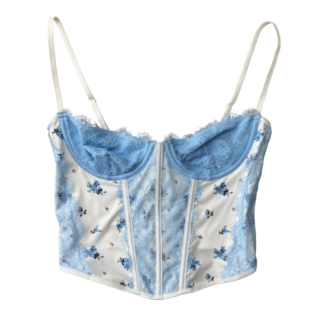 Forever 21 Lace Corset Bustier Top Size Medium Blue Floral Feminine Romantic